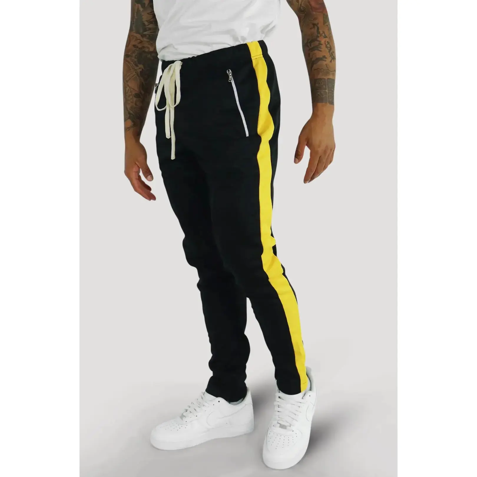 Premium Side Stripe Zip Pocket Track Pants (Black - Yellow)