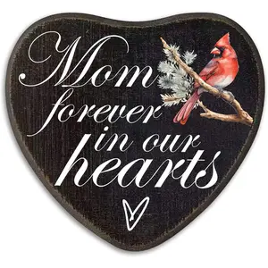 5.5''x6'' Wooden Heart Memorial Plaque Sign - Mom Forever In Our Hearts - In Loving Memory Mother Cardinal Wooden Hanging Plaque - Grave Decoration Sympathy Gifts & Keepsake for Loss of Loved One -A01