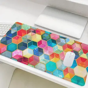 Colorful Hexagon Geometry Design Mouse Pad, Rectangle Gaming Mouse Pad, Non-Slip Rubber Base Stitched Edge Desk Pad for Home Office
