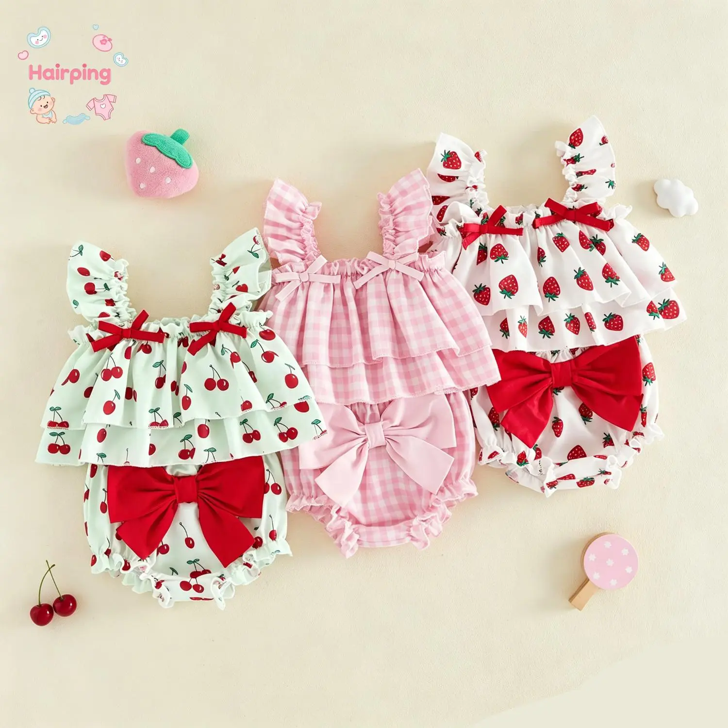 Girl Toddler Organic Cotton 2-Piece Summer Outfit Set Pack - Plaid/Strawberry/Cherry Print Square Neck Sleeveless Ruffled Trim Tops, Bow Shorts, Short Sleeve Bodysuit