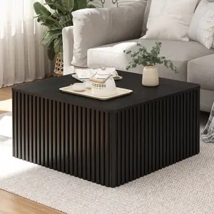PieDle Furniture Large Wooden Coffee Table with Storage,Mid Century Modern Style with Fluted Design,Low Coffee Table for Living Room
