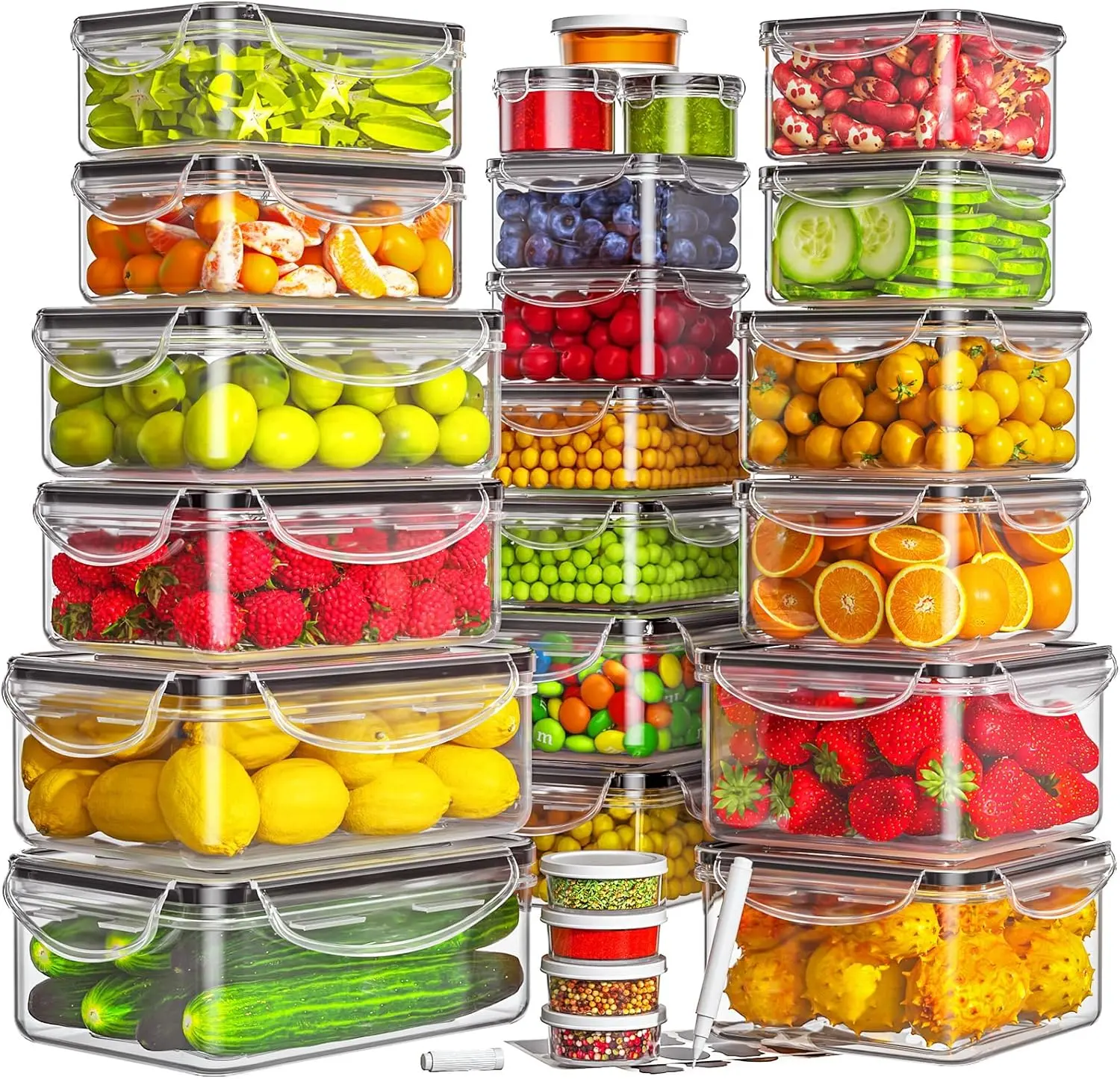 Airtight Insulated Plastic Food Storage Set (20/21/25/26 Pack, 40/42/50/52/62 Pcs) - BPA-Free Assorted Pack Containers for Fridge, Lunch at Work, Salad Jar, Fruit, Lettuce - Lightweight Stackable Organizers with Lids, Labels, Pen