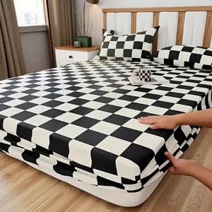 Modern Simple Chessboard Geometric Bedding Set, 3 Piece Includes Fitted Sheet & Pillowcases, Non-Slip, Easy to Remove, Durable, Decorative Bedsheet Sets