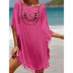 [Crochet Swim Cover Up] Lace Crochet V Neck Bathing Suit Cover Up Dress - Womens Swimwear Beach Cover Ups