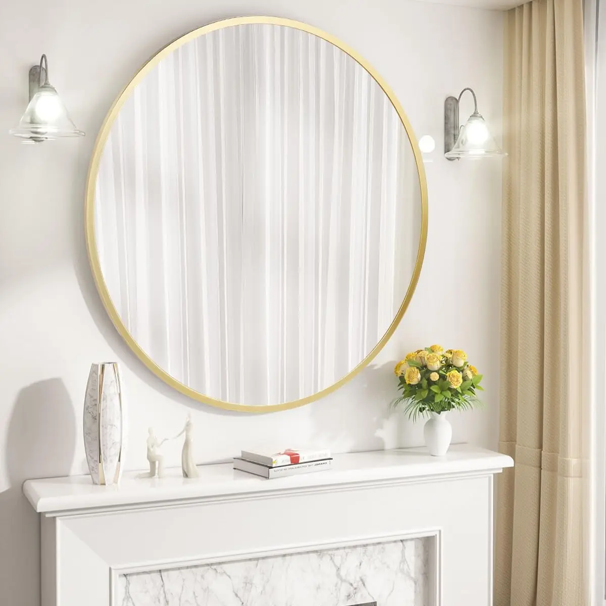 Garvee 50.8 cm Round Wall Mirror with Golden Metal Frame - Circular Bathroom Mirror for Wall Decoration, Entryway, Vanity, and Bedroom Use - Stylish and Easy to Mount