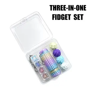 3-IN-one Fidget Toys,Macaron Set,Fidget Keychain Keyboard,Pain Fidget-3D Printed Spiky Grippie Stim Keychain,Stress-Relieving Magnetic Balls,EDC Poker,Gift for Friends