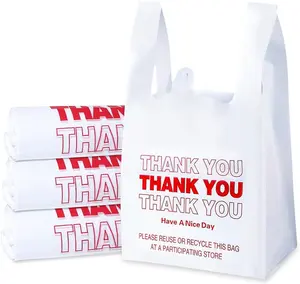 300-Count Recyclable Thank You T-Shirt Bags, 11"x6"x21" Heavy-Duty Leak-Proof Waterproof Grocery Bags with Convenient Handle Closure, Bottom Sealed for Small Business Use, White