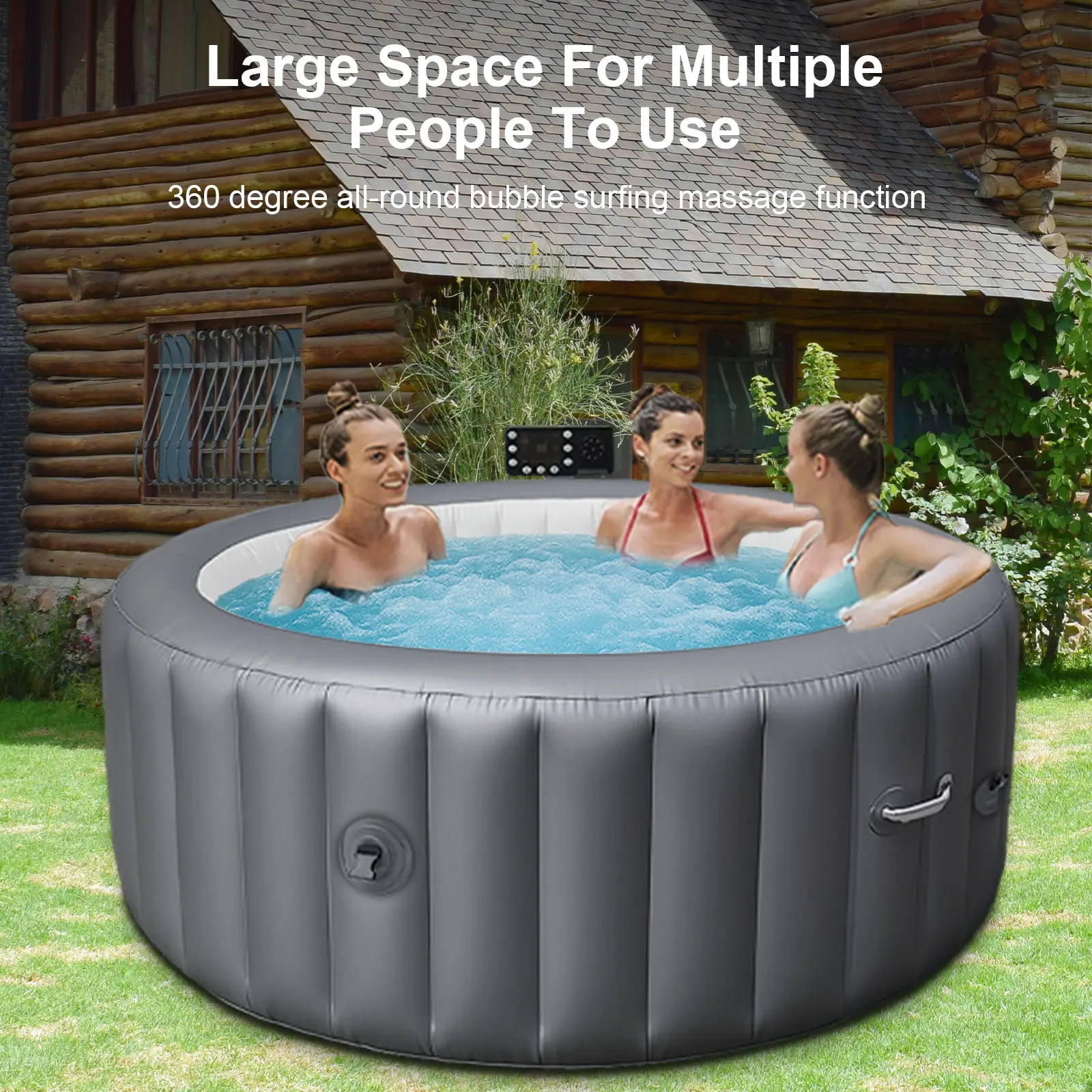 B&Y Portable Inflatable Hot Tub for 4-6 People, Modern Round Outdoor Spa with Heater, 140 Bubbling Jets, Auto-Inflation, and 6-Color LED Light, Pool