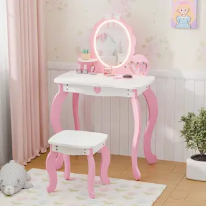 Topwin Kids Vanity Set, Kids Make up Vanity with Lighted Mirror and Stools, Princess Dressing Table for Toddler, Little Girl, Pink
