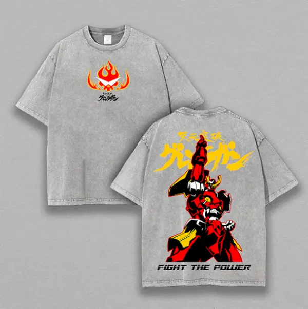 Gurren Lagann Oversized Tee – Washed Heavyweight Cotton, Double Printed Kamina & Simon Mecha Graphic with Spiral Energy Aesthetic, Vintage Anime Streetwear for Mecha Fans & Otaku Drip Collectors