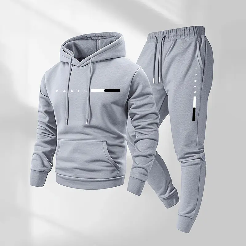 Men's Activewear Set, 2-Piece Casual Fit Long Sleeve Tracksuit with Paris Print Hoodie & Drawstring Sweatpants for Fall Winter Athleisure, Tracksuit Outfit, Athleisure Breathable Clothes, Sporty Style Clothes, Sporty Chic, Going Out, Hooded Jacket, Cozy H
