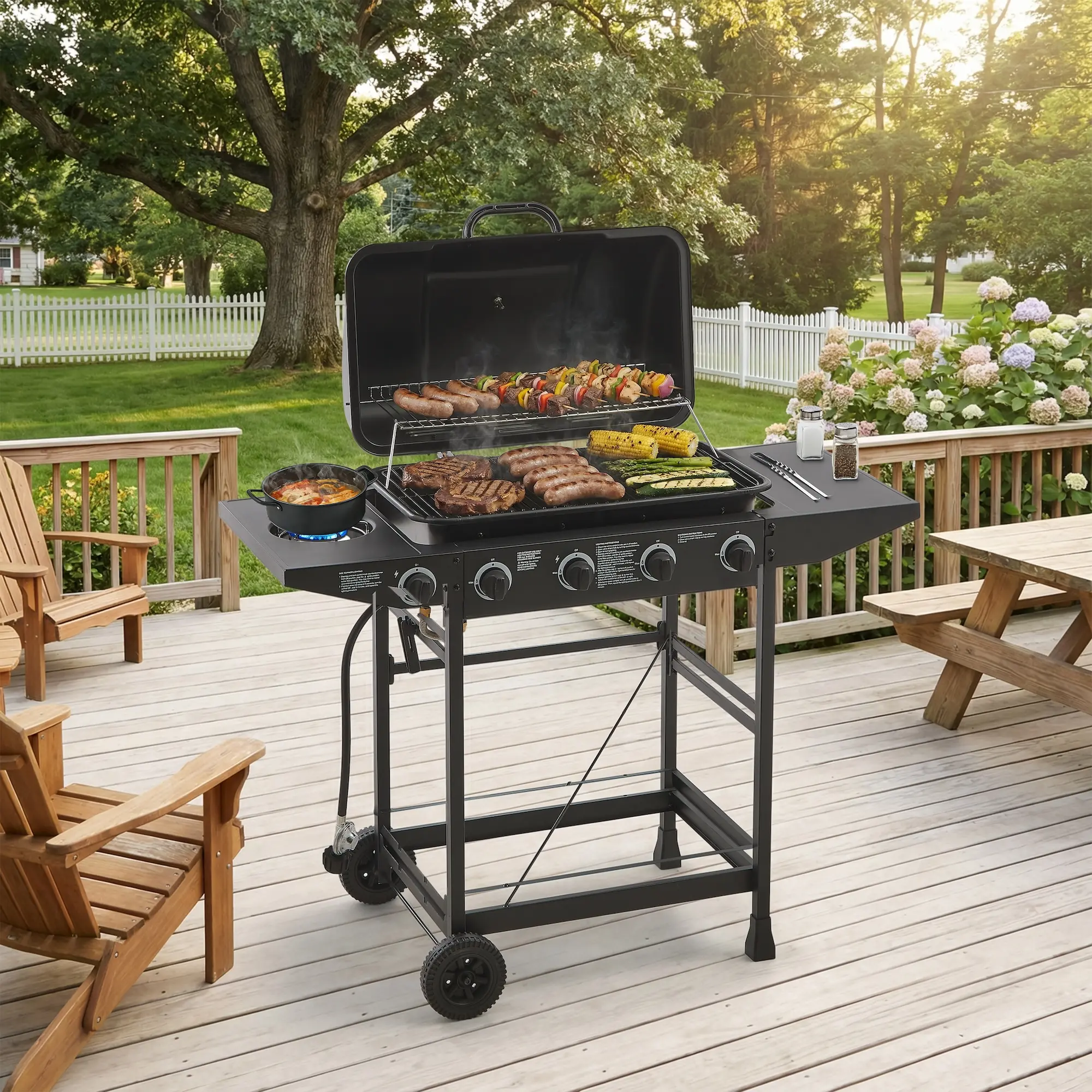 4 Burner BBQ Propane Gas Grill with Side Burner 42000 BTU Output Stainless Steel Barbecue Grill with Enamel-Coated Grates and Side Tables for Outdoor Cooking Kitchen