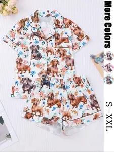 Women's Dog Print Pajama Set, Short Sleeve Button-Up Shirt & Elastic Shorts, Casual All-Season Sleepwear, Fashionable Home Wear