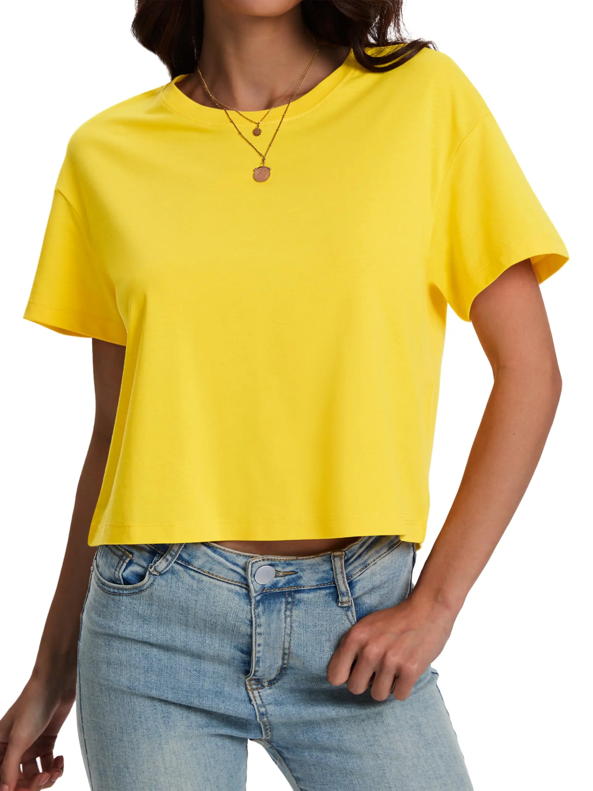 Cotrasen Women's Crop Tops Summer Short Sleeve Cotton UPF 50+ Round Neck Casual Loose Cropped T-Shirts Solid Basic Tees