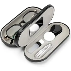 2 in 1 Contact Lens and Glasses Case Double Sided Portable Eyeglasses Case with Built-in Mirror Tweezer Remover and Contact Lens Solution Bottle Storage Kit for Travel Outdoors Daily Use