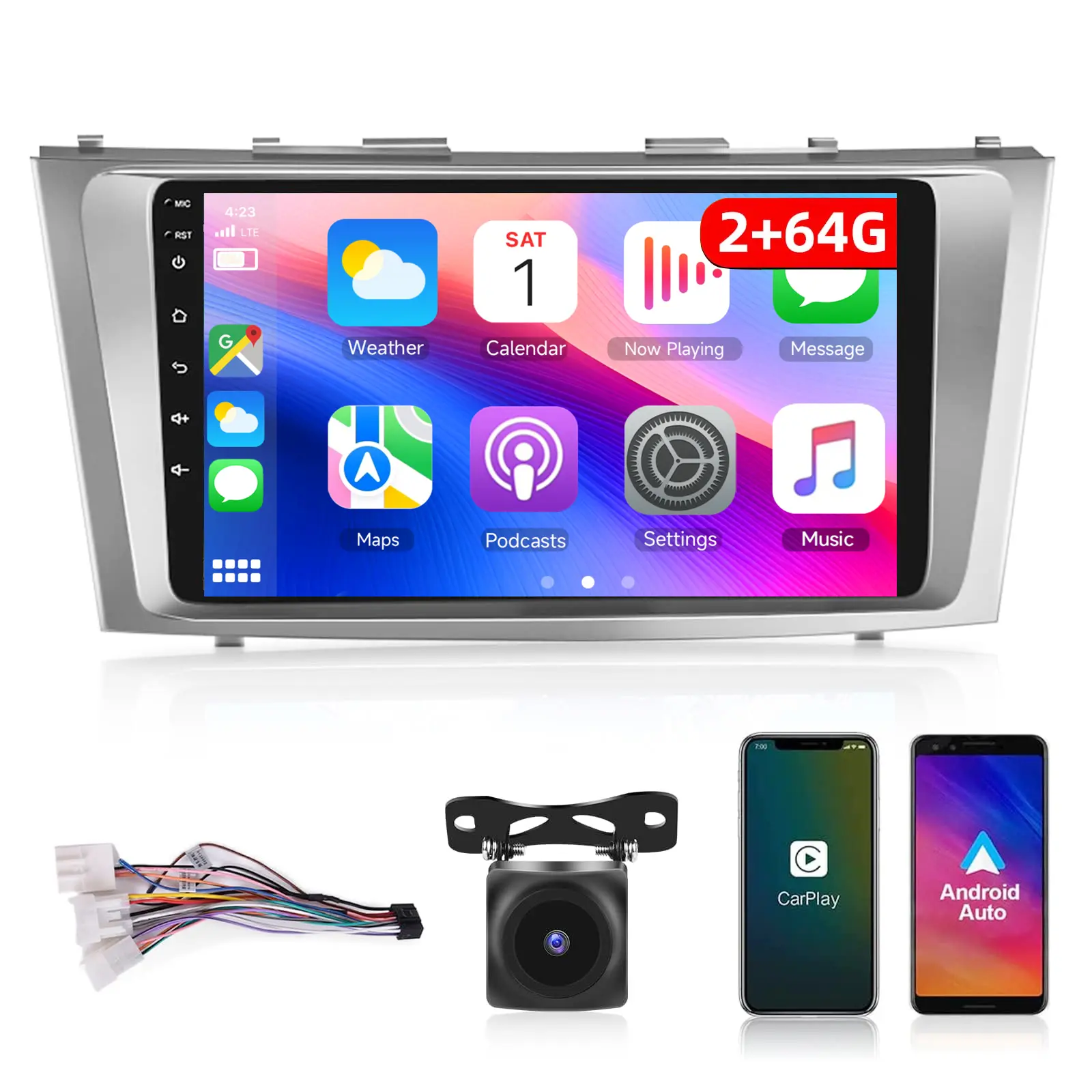 9-Inch 2.5D Glass Touch Quad-Core 2+64G Android Car Video Player for Toyota Camry 2006-2011, Wireless CarPlay/Android Auto, GPS, 26UI, Wi-Fi, Bluetooth, FM/RDS, EQ, 1024*600p MirrorLink, Split Screen View, SWC, HD Backup Cam Input, Mic, USB, Plug-and-Play