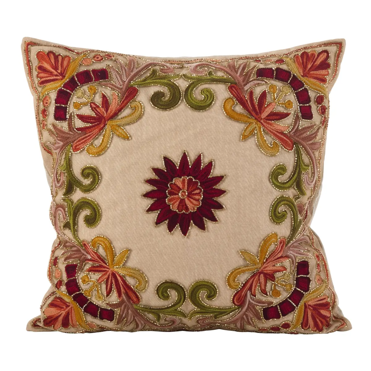 SARO AN02.M18S 18-in Square Multicolor Embroidered Floral Beaded Cotton-Poly Filled Throw Pillow, Multicolor Embroidery Standard Pillow, Multicolor Embroidery Standard Pillows