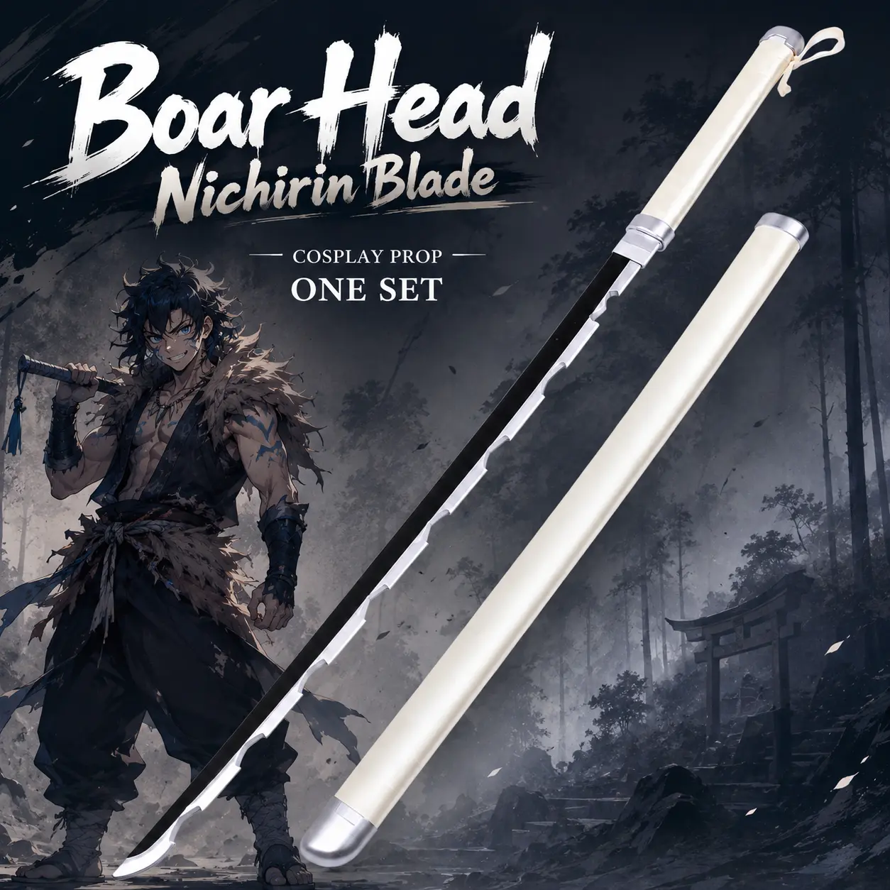 Anime Samurai Katana Prop - Demon Slayer Inosuke Hashibira Replica Blade, White Cord-Wrapped Shirasaya Sheath, Black-Silver 2-Tone Blade, Guardless Design, for Cosplay Shooting & Fan Collection (New Upgrade), Swords, 1 Set