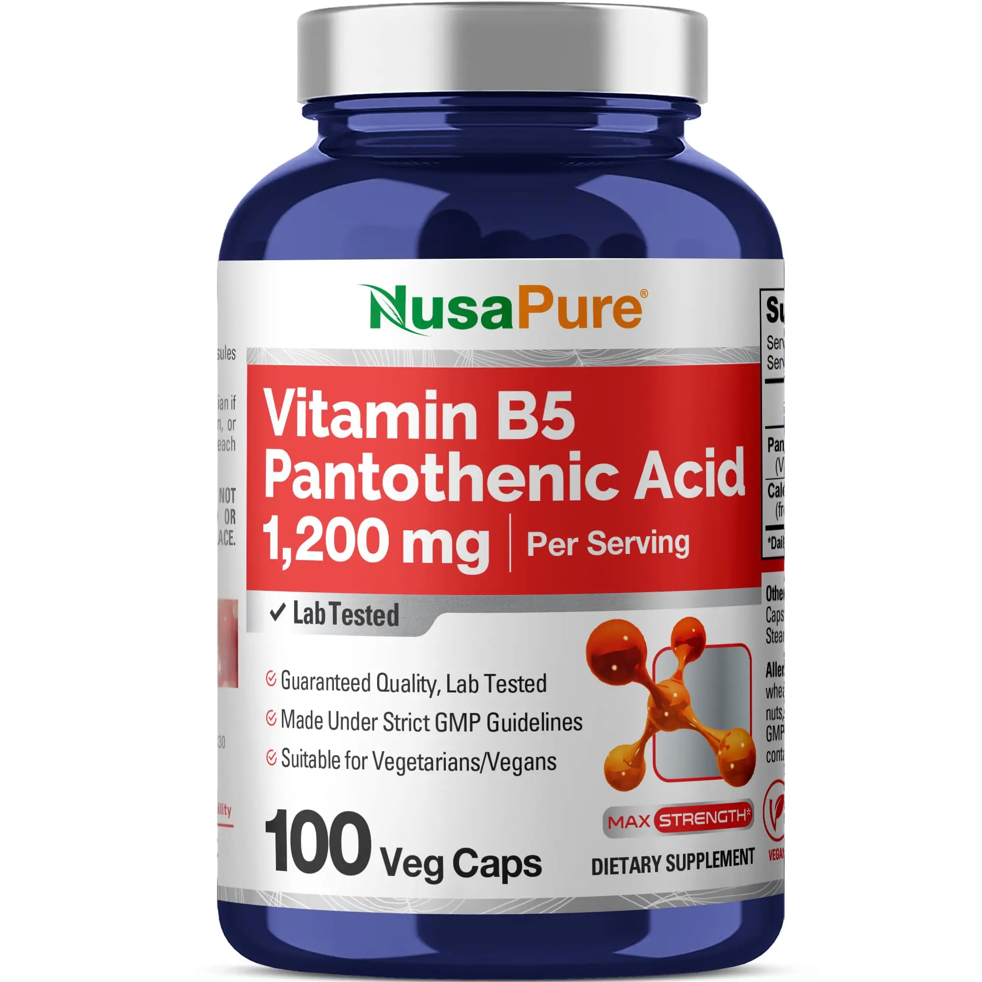 NusaPure Vitamin B5 Pantothenic Acid Capsules - 1200mg Per Serving, 100 Vegetarian Vegan Capsules Vitamins Supplements, GMP-Certified, Plant-Based, Water-Soluble, Non-GMO Dietary Supplement, Gmp-Certified Vitamins Supplements