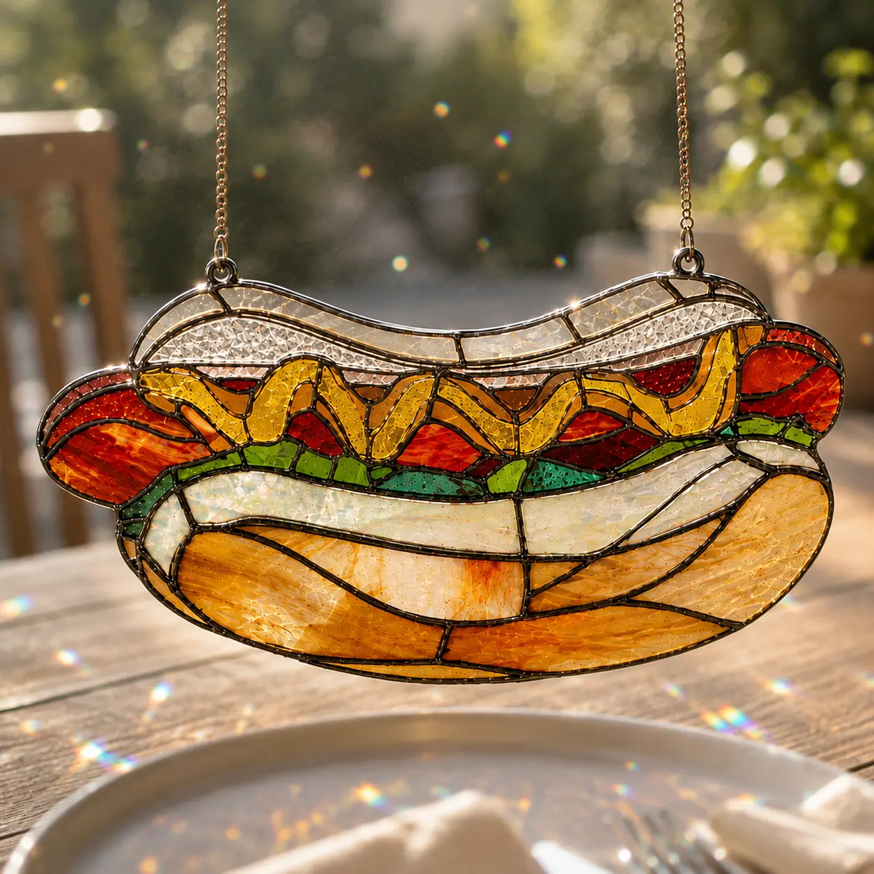 Hot Dog Stained Glass Suncatcher, Funny Window Hanging, Crystal Sun Catcher, Handmade Kitchen Decor, Quirky Home Decor, Unique Gift, Housewarming Gift, Rainbow Window Ornament, Food Lover Gift