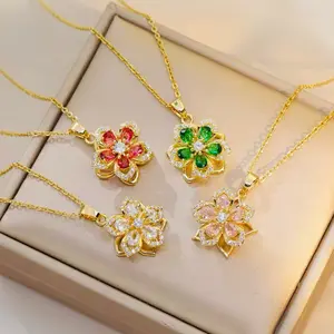 Rotating Flower Necklace for Women | Gold Crystal Blossom | Green, Pink, White & Red