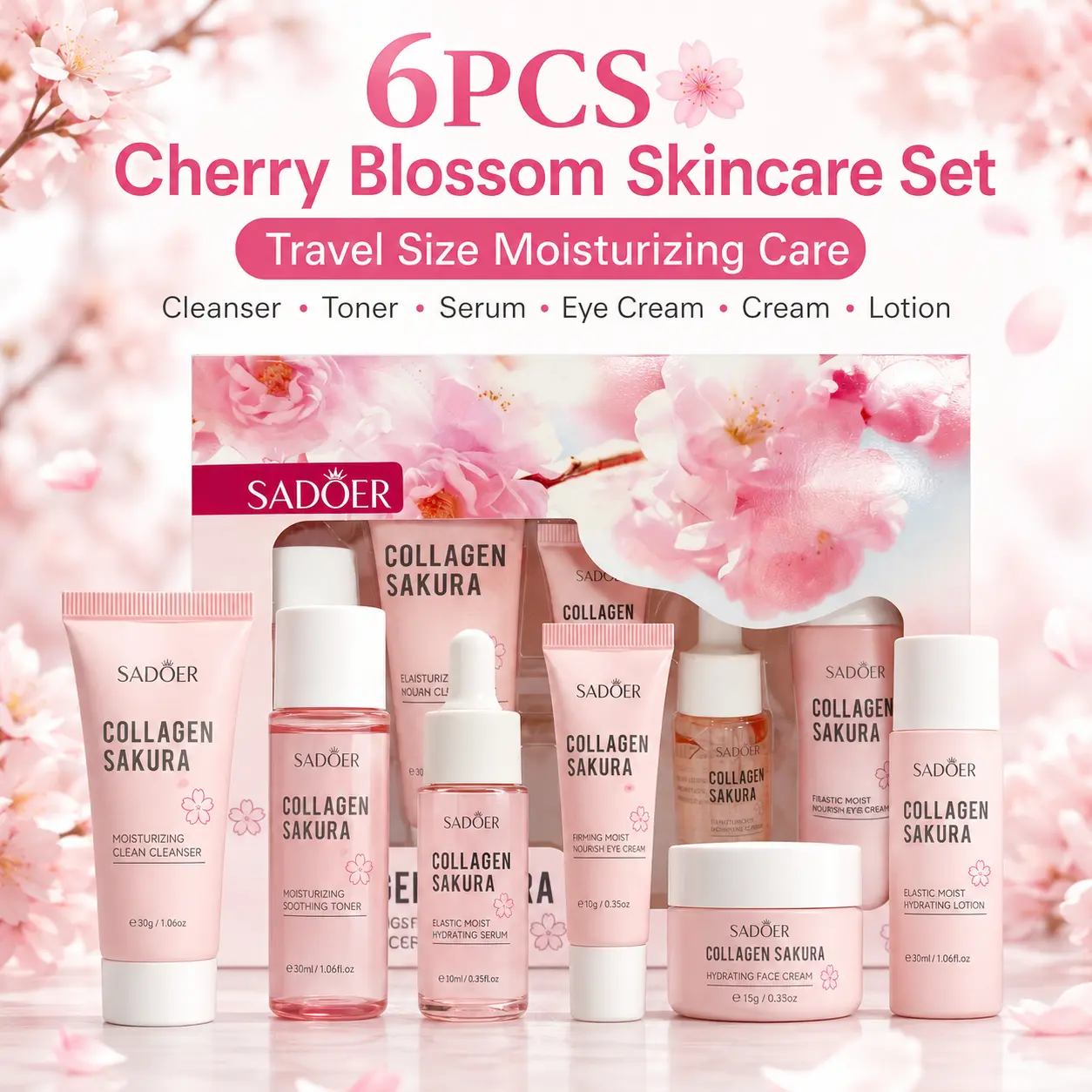 6PCS Cherry Blossom Skincare Set, Travel Size Moisturizing Face Care Kit with Cleanser, Toner, Serum, Eye Cream, Face Cream & Lotion, Daily Hydrating Routine, Gift for Women