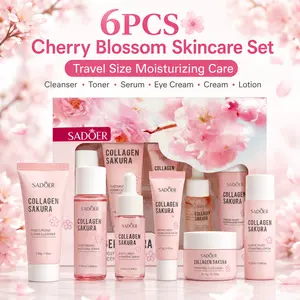 6PCS Cherry Blossom Skincare Set, Travel Size Moisturizing Face Care Kit with Cleanser, Toner, Serum, Eye Cream, Face Cream & Lotion, Daily Hydrating Routine, Gift for Women