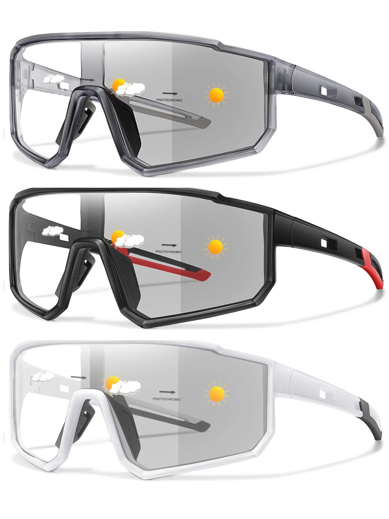 Large Frame Cycling Sunglasses, Motorcycle Goggles, 3 Pairs Outdoor Sportive Shield Sunglasses, Windproof Sunglasses for Men & Women, Fashion Accessories for Outdoor Activities