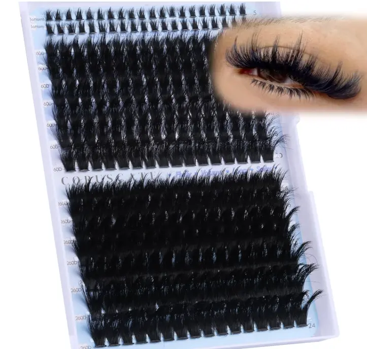 CORUSCATE Spikes Lash Clusters with Bottom Lashes 160D+260D Cluster Eyelash Extensions 3D Volume Individual Lashes Wispy 12-22mm Long Cluster Lashes Spiky Mega Dramatic Full Look Strip Lash Extension