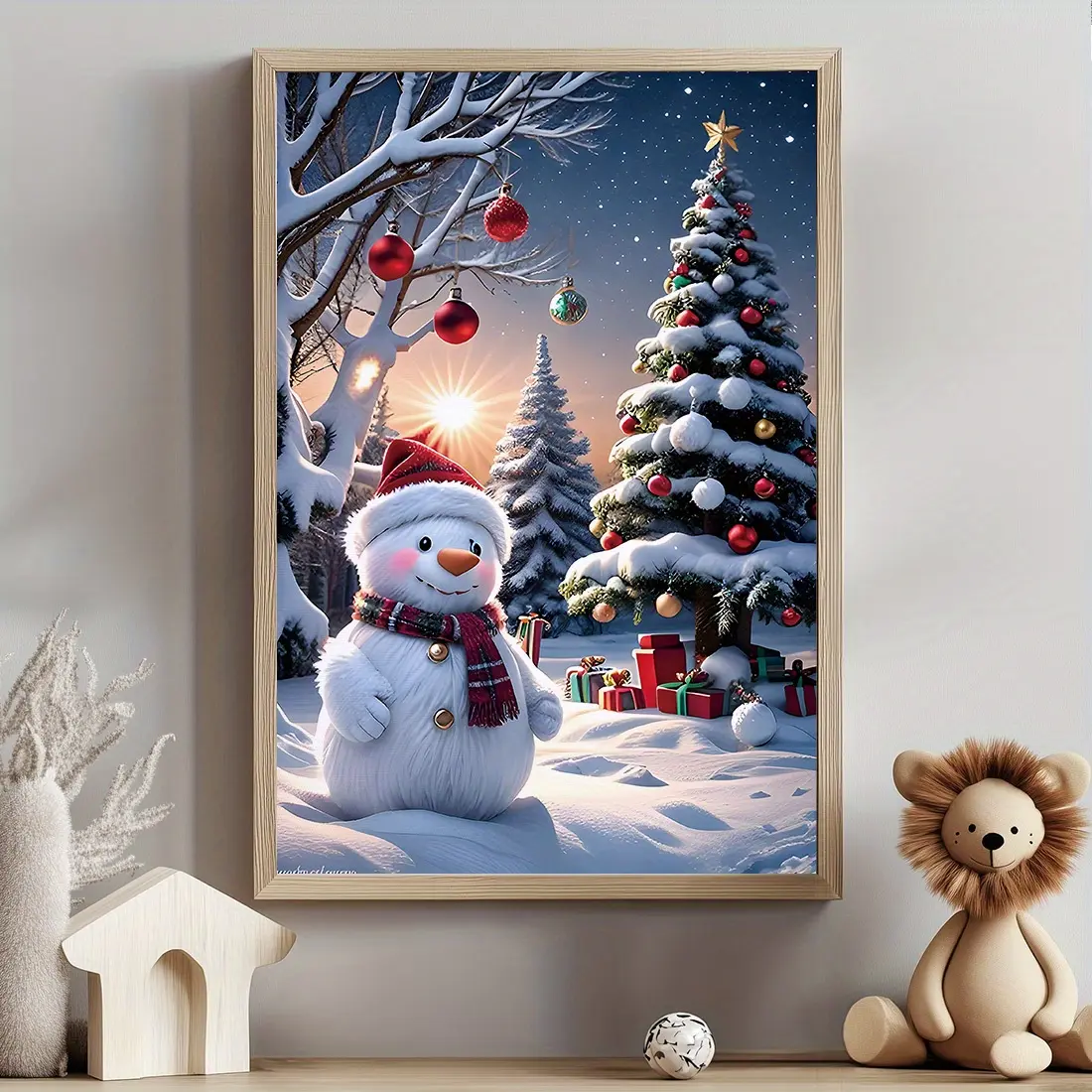 12*16 inch Unframed Christmas Snow Scene Canvas Wall Art Print - Snowman & Decorated Tree Design, Fade Resistant Archival Inks, Indoor Home Decoration for Living Room, Gift
