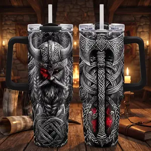 Viking Warrior Norse Tumbler 40oz with Handle, Celtic Knot Battle Axe Travel Mug with Straw, Vintage Odin Horned Helmet Stainless Steel Cup, Longhouse Fireplace Gothic Merch, Mythical Valhalla Holiday Birthday Gift for Him, Men