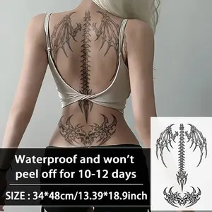 Gothic Tribal Dark Wings Skull Spine Temporary Tattoo Sticker, Waterproof Long-Lasting 7-15 Days, Semi-Permanent Herbal Fake Tattoo