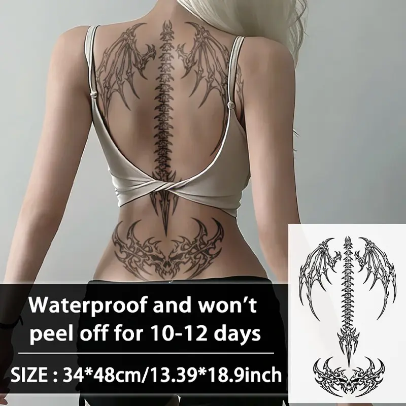 Gothic Tribal Dark Wings Skull Spine Temporary Tattoo Sticker, Temporary Fake Tattoos, Tattoos Stickers, Waterproof Long-Lasting 7-15 Days, Semi-Permanent Herbal Fake Tattoo