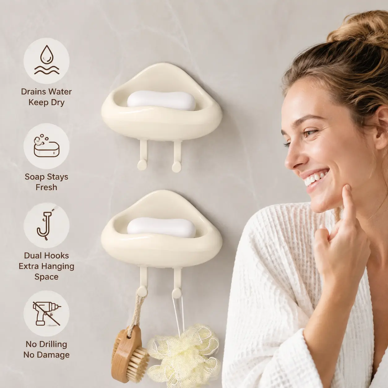 Adhesive Mount Wall Soap Dish with Drainage Hole, Double Hooks, No-Drill Design, 1-Piece for Bathroom Shower and Kitchen Use, One Piece, Shower Bath