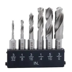 Twist Stubby Drill Bit Set, Size 3/32'' to 3/8'' with Size Index & Storage Base, 6-Piece Hex Shank Drill Bits for Metal, Made of High-Speed Steel