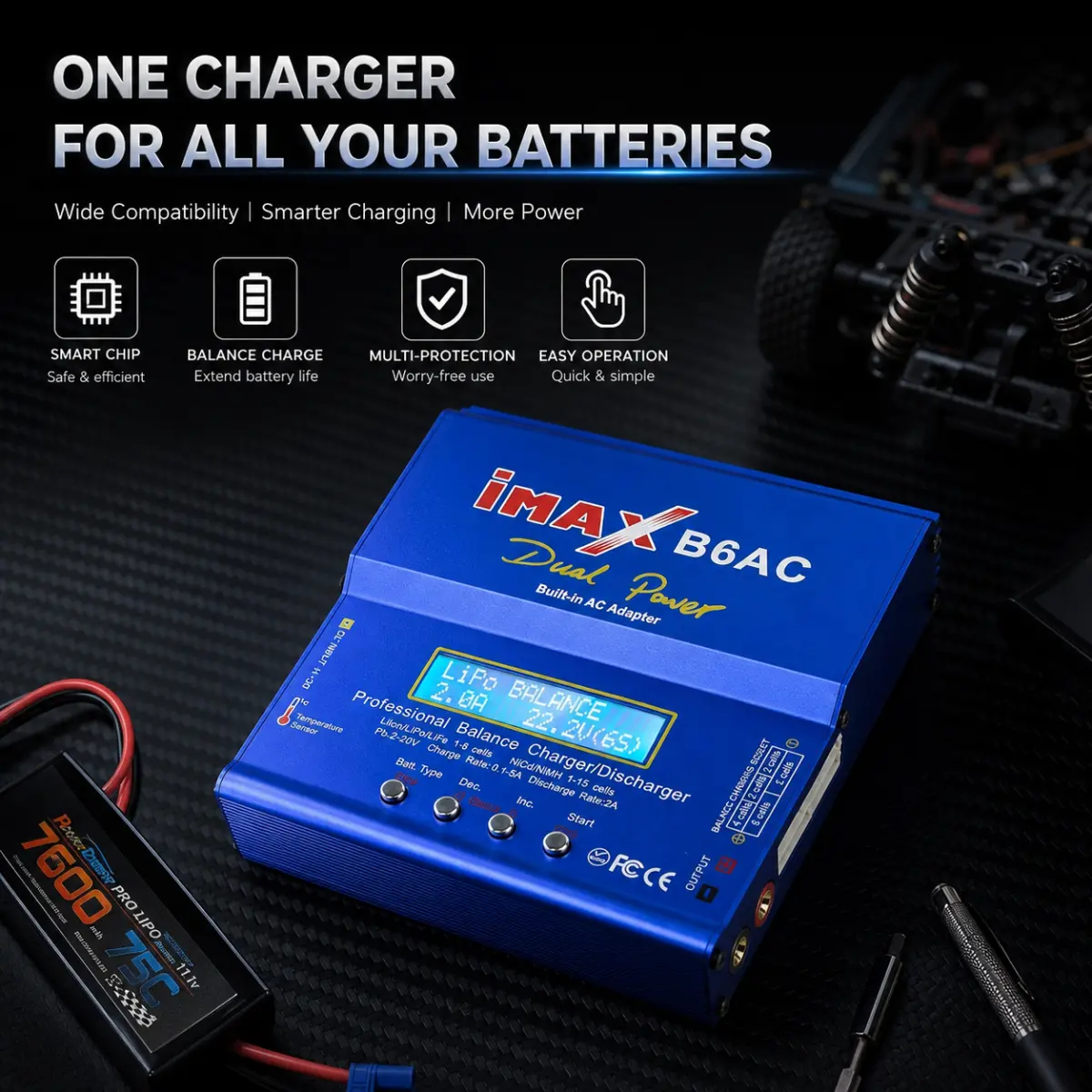 iMAX B6AC Dual Power Balance Charger Discharger with Built-in AC Adapter, LCD Screen, Aluminum Shell, 0.1-6A Balance Mode for LiPo, Li-ion, LiFePO4, NiMH, NiCd, Lead Acid RC Batteries (Drone, Car)