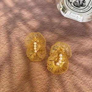 Handmade Golden Pearl Elegant Earrings – Copper Wire Statement Stud Earrings, Perfect Gift for Mother's Day, Lightweight Jewelry for Weddings, Parties, Vacations, Date nights, and Everyday Fashion Styling