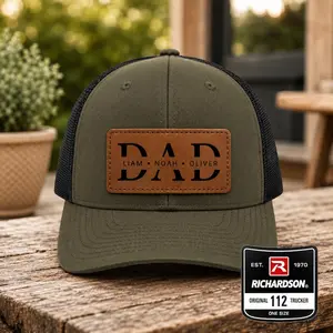 Personalized Dad Leather Patch Trucker Hat, Custom Engraved Names, Father's Day Gift