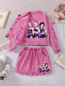 Girls' K-Pop Idol Style Two-Piece Set, Short Jacket + Elastic Waist Skirt, Y2K Fashion, Perfect for School, Travel, Outdoor Activities