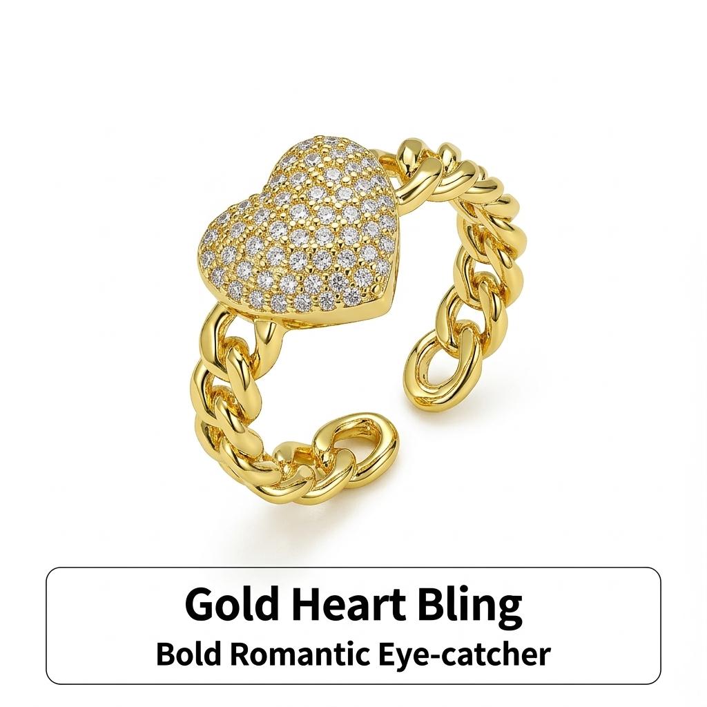 Exquisite Micro Paved CZ Heart Ring, Gold Plated Non Tarnish Adjustable Open Ring, Elegant Statement Ring for Dating & Daily Wear Exquisite Micro Paved CZ Heart Ring, Gold Plated Non Tarnish Adjustable Open Ring, Elegant Statement Ring for Dating & Daily Wear