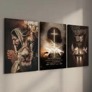 3 Counts Wood Framed Canvas Religious Wall Art, Ready To Hang, Salvation And God Series, Cross Art Bible Wall Decor, Religious Cross Print, Waterproof Canvas Wall Art, Artwork Wall Painting, Wall Picture for Home Decor