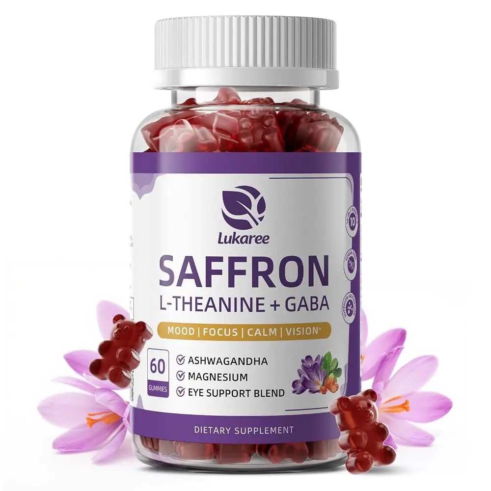 Lukaree 10-in-1 Saffron Gummies Supplement, 60-Day Supply, with L-Theanine 200mg, GABA, Ashwagandha, Turmeric, Lutein, Zeaxanthin & Astaxanthin, Sugar Free Vegan Berry Gummies, 2 Pack 120 Count