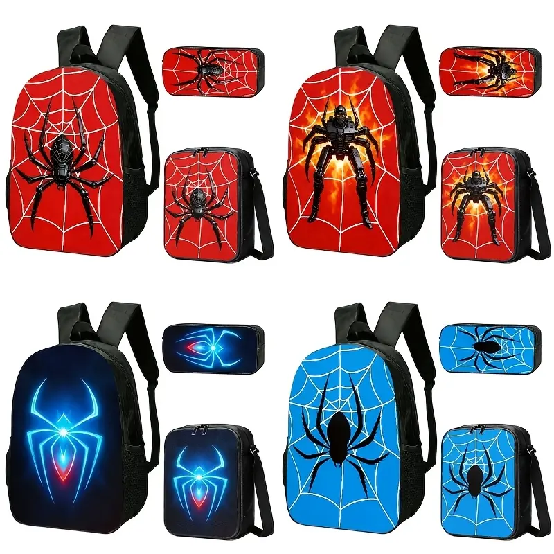 3-in-1 Aesthetic Tech Anti-Shock Backpack Set - Includes Double-Shoulder Bag, Single-Shoulder Bag, Pencil Case with Striking Spider Web Pattern Inspired by Sci-Fi & Tech, 3-In-1 Backpacks, Aesthetic Tech Backpacks