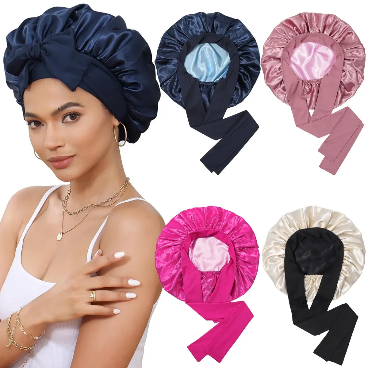 AWAYTR Reversible Satin Bonnet for Women Silk-Like Bonnets for Sleeping Hair Care Bonnet with Elastic Tie Band TikTokShopBlackFriday Double Layer Sleep Cap Hair Wrap summerwins