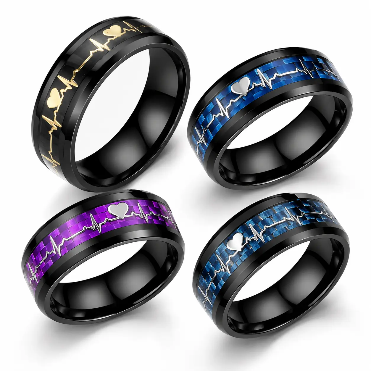 Heartbeat Ring, Heart Beat Ring, ECG Ring, 1 Piece Couple Set Tungsten Bands with Beveled Edge Heartbeat Pattern Inlay White Wedding Rings