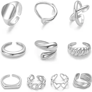 10PCS Chunky Dome Rings for Women – 18K Gold Plated Adjustable Open Band Statement Rings Set (Size 7-9)
