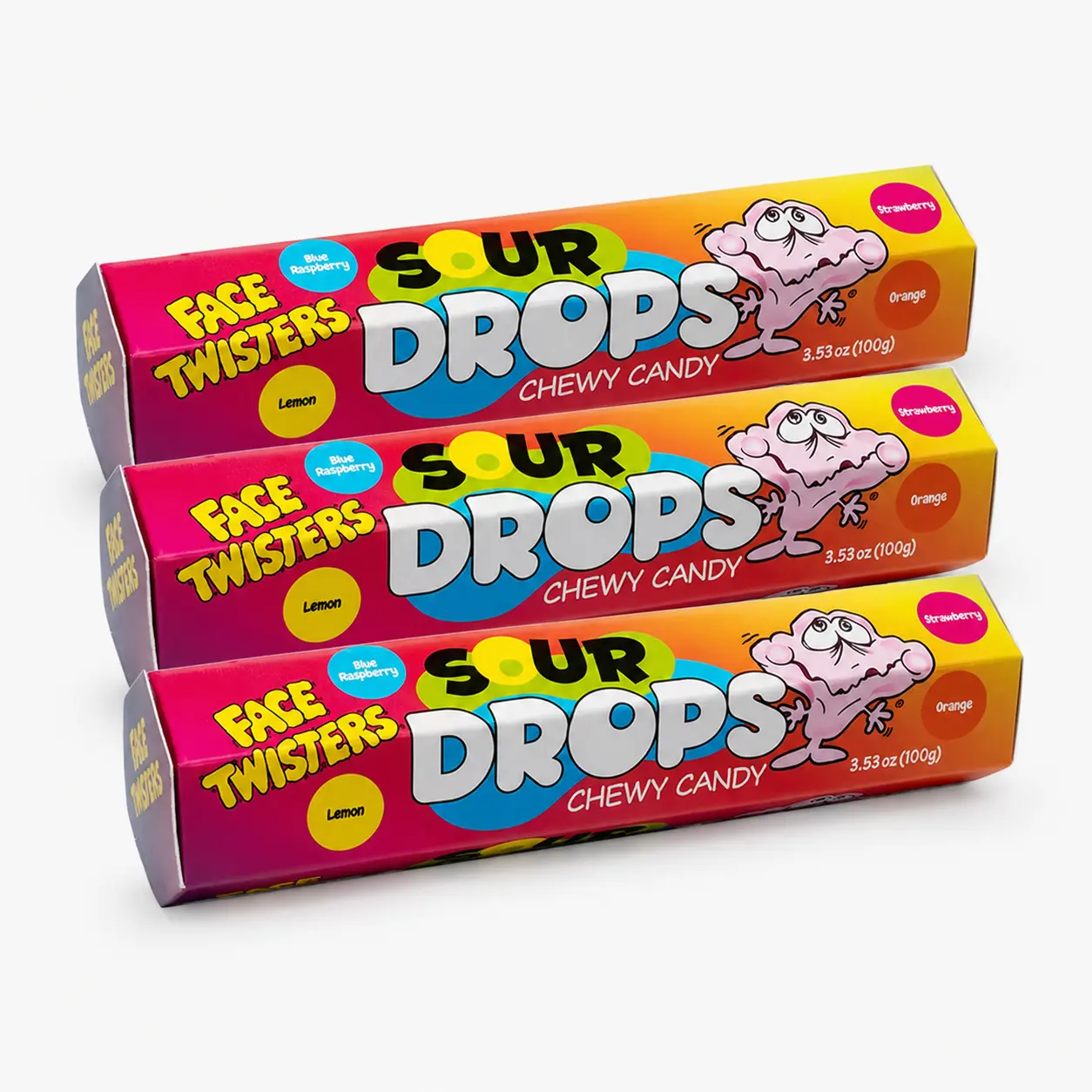 Face Twisters Sour Drops Chewy Candy 3.53oz (Pack of 3) - Blue Raspberry, Lemon, Orange & Strawberry Flavored Chewy Candy