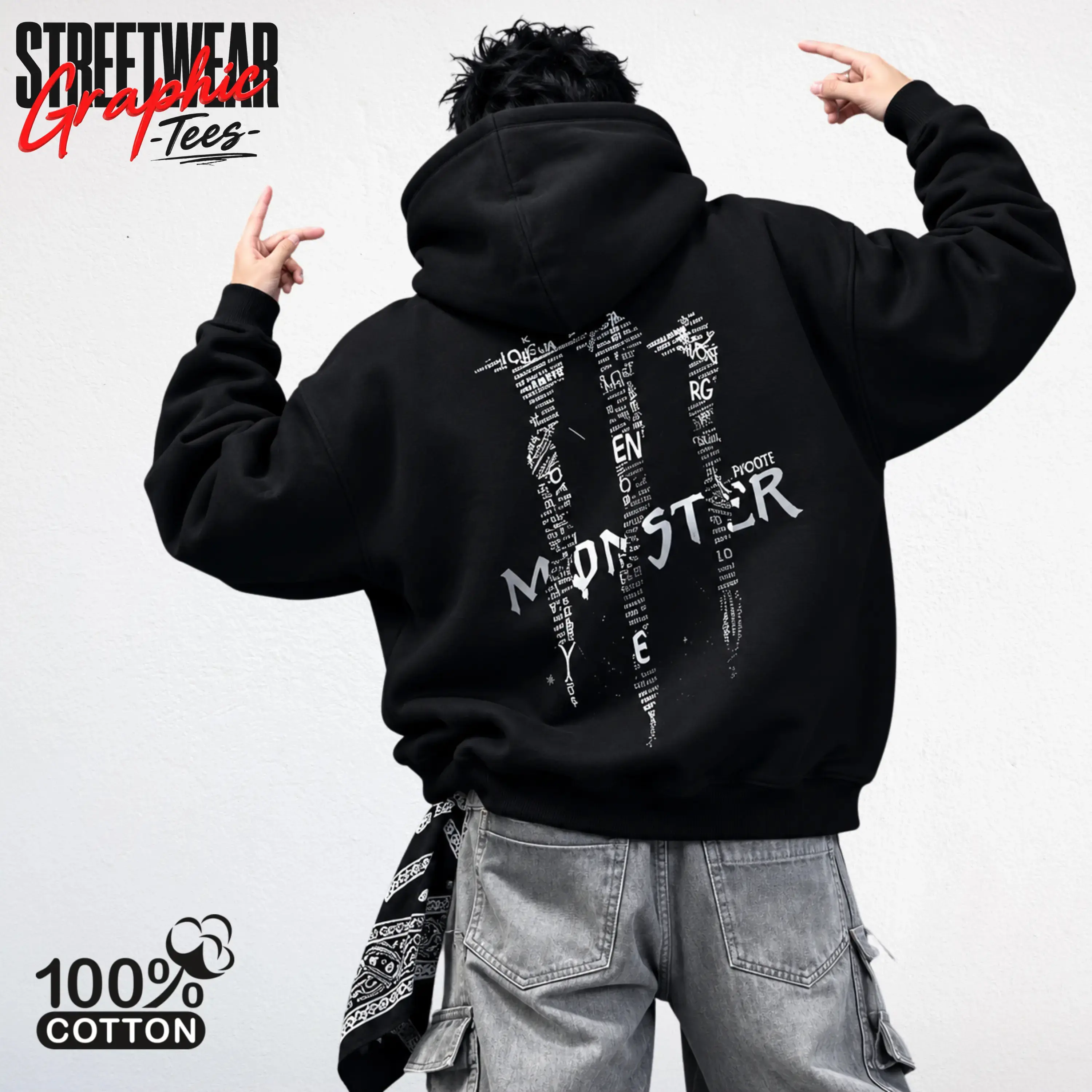 New Monster Text Patchwork Graphic Hoodie | Heavyweight Fleece Streetwear Sweatshirt | Y2K Aesthetic Streetwear Oversized Sweatshirt