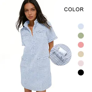 Womens Tweed dopamine Dress 2026 Short Sleeve Shift Mini Elegant Formal Work Cocktail Party Dresses summer shirts women