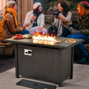 【Summer Vibes】Ovios 42'' Rectangle Propane Fire Pit Table, Brown Wicker Outdoor Gas Fire Table with Tabletop and Hidden Tank Storage, Heating Firepit Table for Patio Backyard Deck Porch Garden Conversation Set